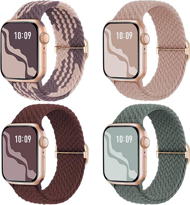 4 Pack Braided Stretchy Bands Compatible with Apple Watch 40mm 41mm 38mm 42mm 44mm 45mm 46mm 49mm Women Men, Breathable Nylon Elastic Daily Use Straps for iWatch Series 11/10 9 8 7 6 5 4 3 SE/Ultra 2