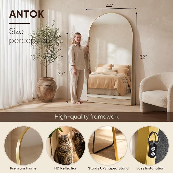 Antok 82" x44” Arched Full Length Floor Mirror, Gold Aluminum Frame, Free Standing/Wall Mount/Leaning for Bedroom, Living Room, Dressing Room