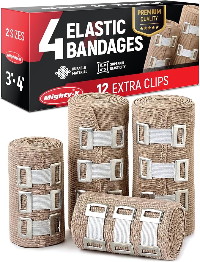 Premium Elastic Bandage Wrap - 4pk (2x3in, 2x4in) + 12 Extra Clips - Strong Compression Bandage Wrap for Leg, Arm, Wrists, Elbow, Ankles, Feet and Knees - for First Aid Kit and After Surgery Recovery | Strong Compression Bandage Wrap for Leg, Arm, Wris...