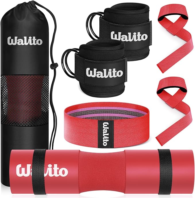 WALITO 8Pcs Barbell Pad Set for Hip Thrust - Squat Pad,Gym Accessories for Women with Bar Bad,Bench Press, with Gym Ankle Straps,Resistance Bands for Working Out,Lifting Strap,Carry Bag