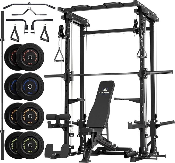 MAJOR FITNESS Drone3 Smith Machine, 2500lbs All-in-One Home Gym Power Rack with Dual Pulley System for Cable Crossover, Pull-Up Bars