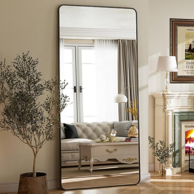 BEAUTYPEAK 76" x 34" Rounded Corner Full Length Mirror with Stand, Black | Aluminum Alloy Frame with Standing, Leaning, or Wall-Mounted, Ideal for Bedroom, Dressing Room, Entryway, and Living Room