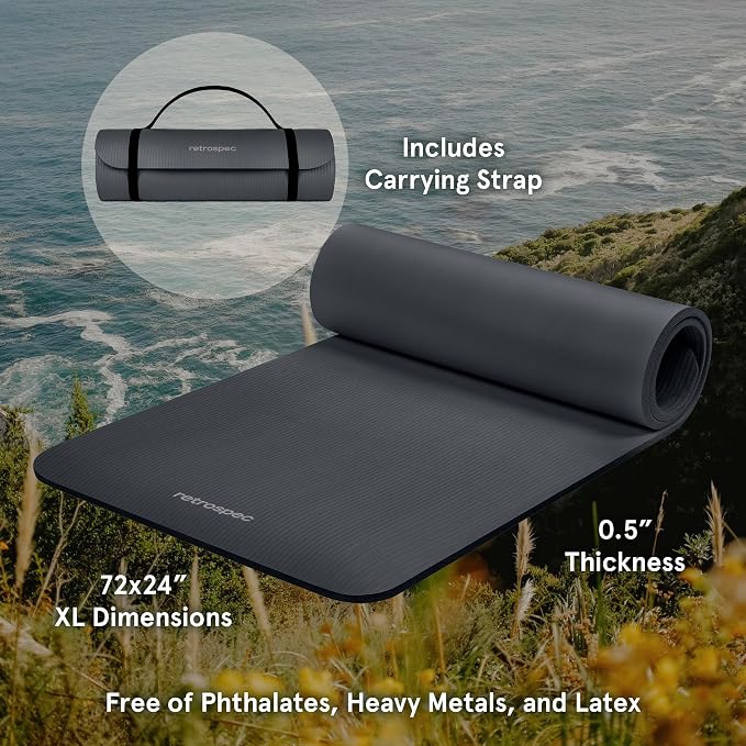 Retrospec Solana Yoga Mat Thick 1/2in Non-Slip Workout Mat with Nylon Strap - 72x24in Exercise Mat for Pilates, Stretching & Fitness - BPA Free, Easy Clean