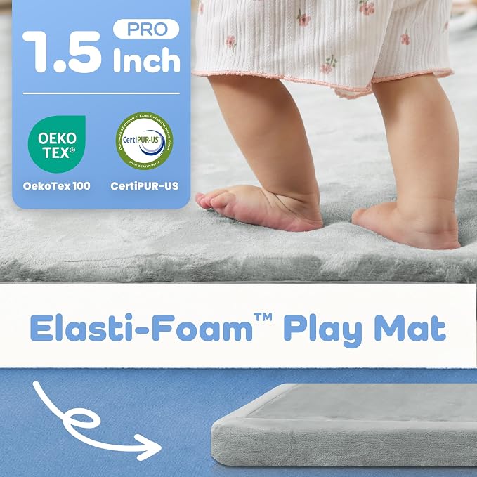 1.5" Thick Baby Play Mat for Floor Tummy Time, Large Pro Soft Foam Activity Playmats Playroom, Easy Care with Non-Slip Safe for Infant Toddler Kids Crawling79 x 118" (Light Grey)