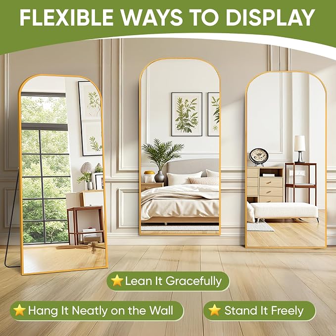 Full Length Mirror with Stand 71"x32" Floor Mirror Freestanding, Arched Floor Standing Large Mirrors Full Body Wall Hanging Leaning Home Decor for Bedroom & Living Room, Gold