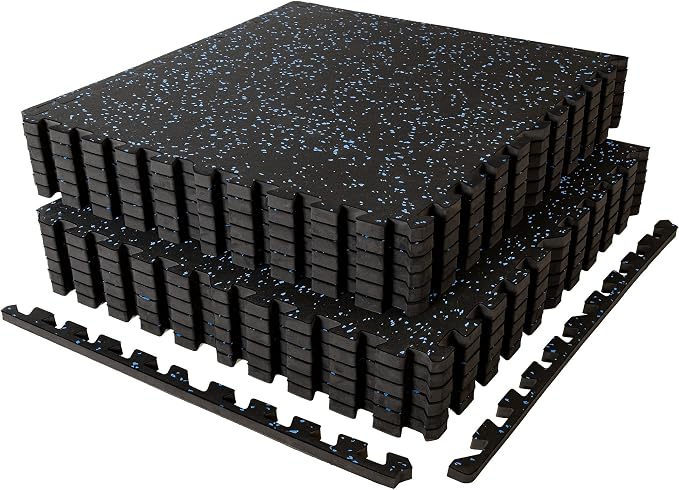 SUPERJARE 1" Extra-Thick Rubber Top Exercise Mat, Puzzle Gym Flooring for Home Gym, Gym Mat for Workout Equipment, Interlocking Floor Tiles with EVA Foam, 12 Pcs 48 Sq Ft, Black/Blue