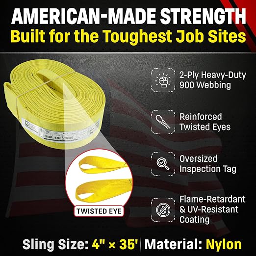 DD Sling (USA Made). Multiple Sizes in Listing! 4" x 35', 2 Ply Twisted Eye, Nylon Lifting Slings, Eye & Eye, Heavy Duty (900 Webbing), lbs Vertical, Choker, Basket Load Capacity (4" x 35')