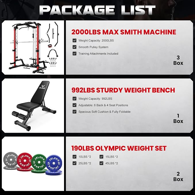 SR01 Smith Machine, 2000LBS Multi-Function Power Cage with LAT Pulldown System, All-in-One Home Gym Squat Rack with Smith Bar and Training Attachments for Full Body Workouts