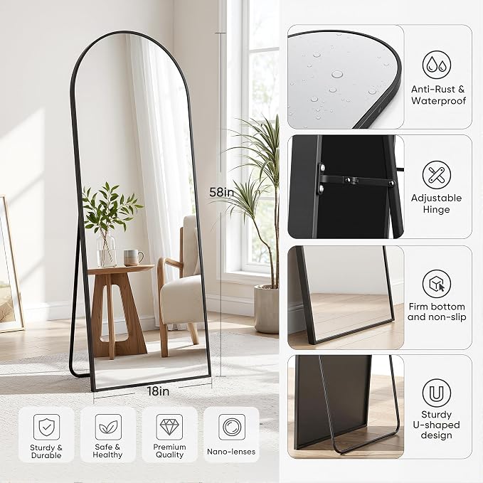 Full Length Mirror, 58"x18" Arched Floor Mirror Freestanding, Floor Standing Full Body Mirror with Stand for Bedroom, Hanging Mounted for Living Room Cloakroom