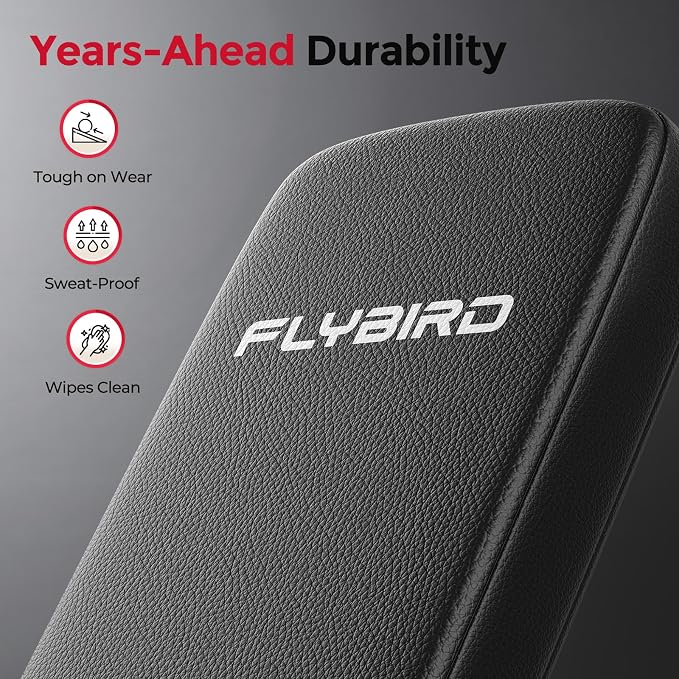 FLYBIRD WB5 Weight Bench, ASTM-Certified 800LBS Adjustable Weight Bench Workout Bench Foldable for Home Gym, 90° to -30° FID and 30in Extended Backrest for Bench Press Strength Training Exercise