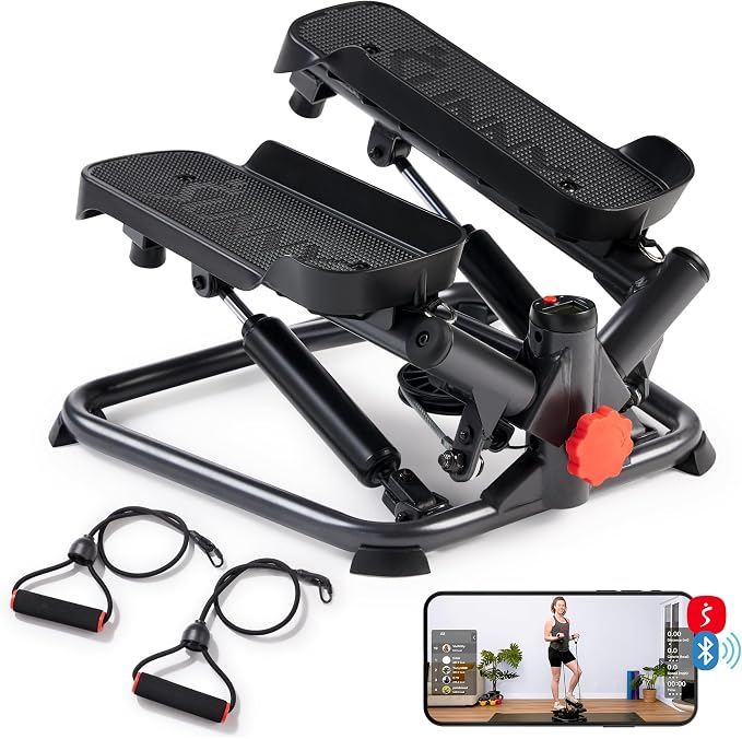 Sunny Health & Fitness Twist Stair Stepper with Resistance Bands | Low-Impact, Side-Twist Motion, Adjustable Step Height, Hydraulic Resistance, SunnyFit App, Up to 350 lb Capacity
