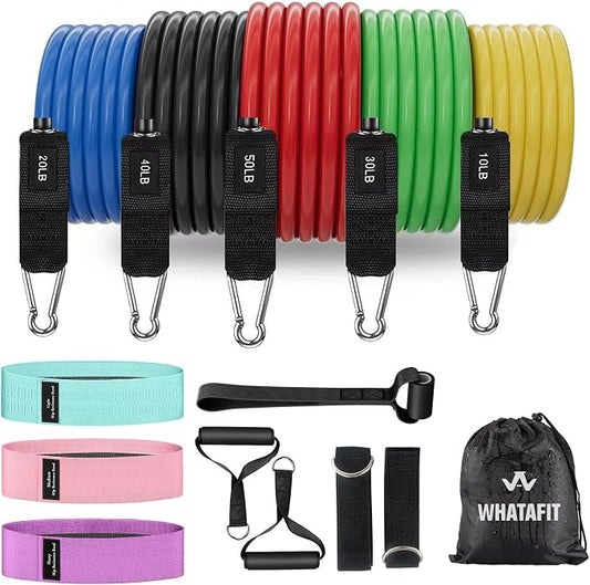 WHATAFIT Resistance Bands with Handles, 5-Level Exercise Bands for Workout | Natural latex,10-50 lbs, stackable to 150,Ankle Straps, Door Anchor,Guide. For Strength, Yoga,Home Gym,Travel & Workout.