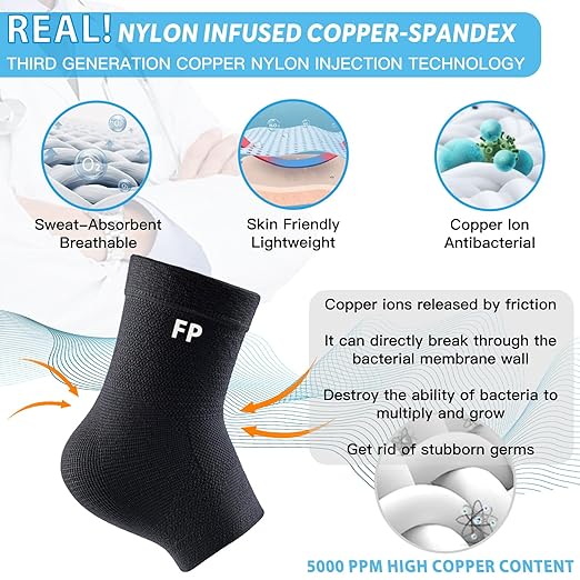 Copper Ankle Brace for Women Men-2 Pack Ankle Sleeve Compression Support for Sprained Ankle, Plantar Fasciitis Relief & Achilles Tendonitis Brace, Sports, Running, Black, XL