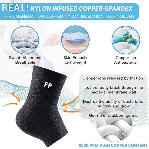Ankle Brace for Women Men-2 Pack Copper Ankle Compression Sleeve Support for Sprained Ankle, Plantar Fasciitis Relief & Achilles Tendonitis Brace, Sports, Running, Black, L