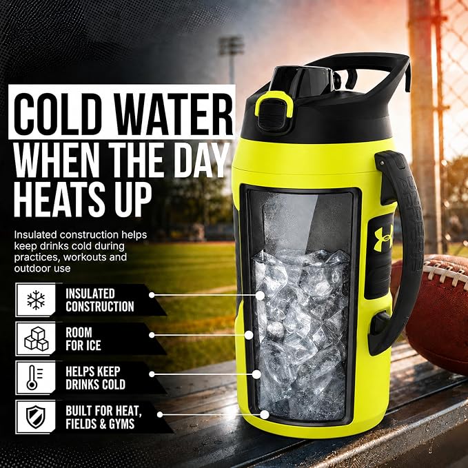 Under Armour Insulated Water Bottle with Handle & Fence Hook, Half Gallon Sports Water Jug, Leak-Resistant & BPA-Free for Baseball, Football & Gym - Hi Vis Yellow/Black, 64oz