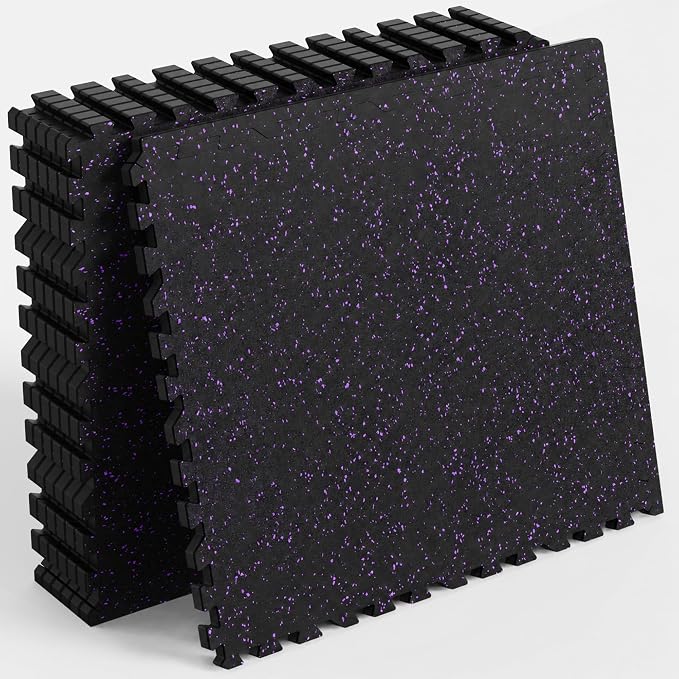 24 Sq Ft Rubber Top Gym Flooring for Home Gym, Black/Purple | 6 Tiles, High Density EVA Foam, Waterproof & Non-Slip Rubber, 0.4" Interlocking Puzzle Mats, Floor Protection, 24"x24"