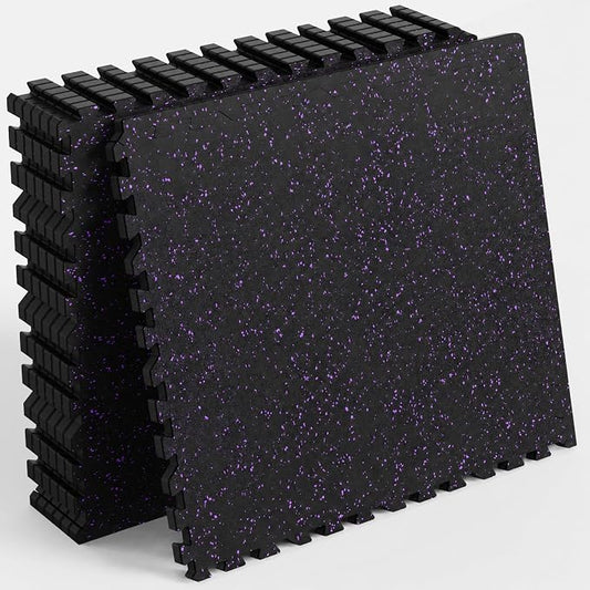 24 Sq Ft Rubber Top Gym Flooring for Home Gym, Black/Purple | 6 Tiles, High Density EVA Foam, Waterproof & Non-Slip Rubber, 0.4" Interlocking Puzzle Mats, Floor Protection, 24"x24"