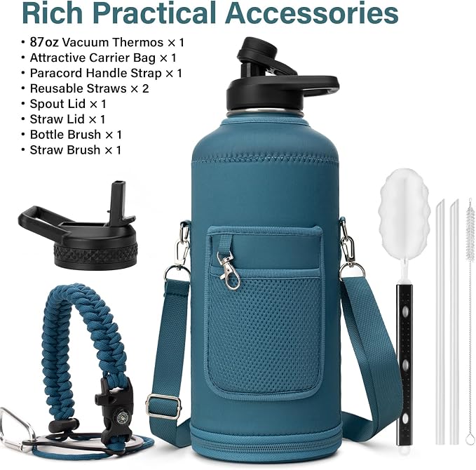 DYSANKY Insulated Water Bottle | Thickened Stainless Steel for Gym and Hiking with Straw, Carrier Bag, Handle Strap | BPA-Free 87 oz