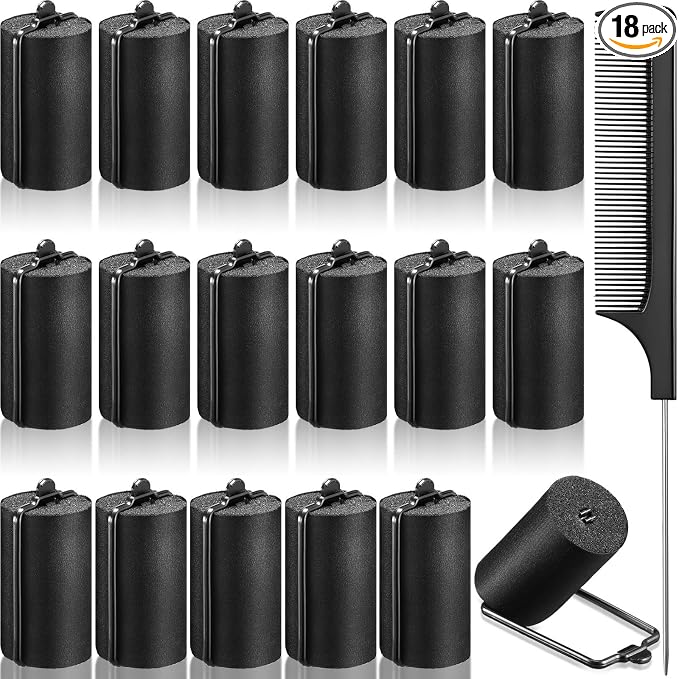 Syhood 18 Pcs Satin Rollers for Black Hair Foam Sponge Rollers Black Satin Wrapped Hair Curlers for Hairdressing Styling(1.42 Inch)