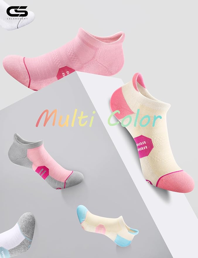 CS CELERSPORT 6 Pack Women's Ankle Running Socks Cushioned Low Cut Tab Athletic Socks