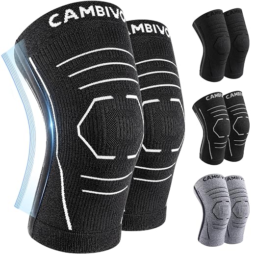 CAMBIVO 2 Pack Knee Brace for Women & Men, Compression Sleeves Knee Support | Lightweight Side Stabilizers| Latex free & silicone free | Knee pain relief for meniscus | Non-slip for running, hiking, gym