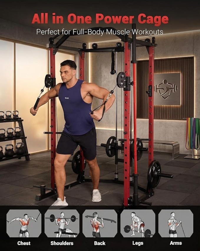 GarveeLife Power Cage, Multi-Functional Power Racks for Home Gym | With Cable Crossover System, 1600 LBS Weight Capacity Fitness Squat Rack for Strength Workout with Training Attachment, Blac