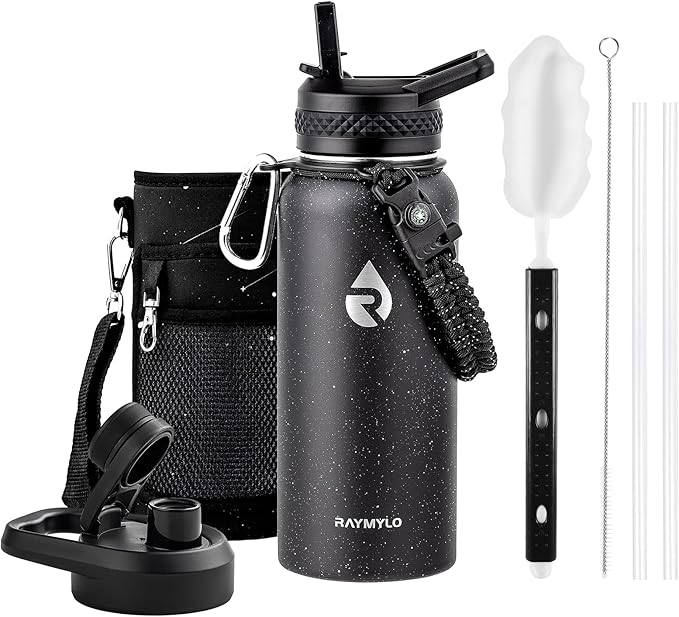 RAYMYLO Insulated Water Bottle 32 oz, Triple Wall Vacuum Stainless Steel | (Cold for 24Hrs, Hot for 12Hrs), Leak Proof & Non-BPA, Modern Water Flask Jug with Paracord Handle & Straw Spout Lids