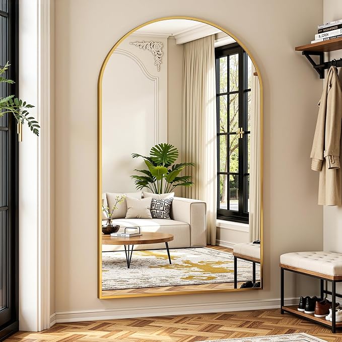 Full Length Mirror 72" L x 44" Full Body Standing Mirror for Bedroom, Living Room, Gym, Dorm - Shatter-Resistant & Easy Assembly, Arched Style Gold