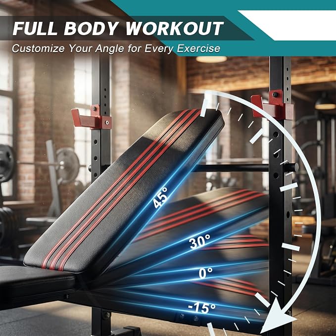 DUMOS Adjustable Weight Bench Set with Rack, 650LBS Foldable Bench Press | Easy Assembly Workout Set with Leg Extension Curl, for Indoor Exercise Home Gym
