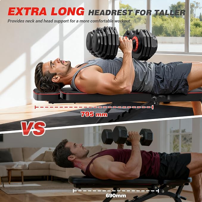 XDDIAS Workout Bench, 10 Backrests Adjustable Weight Bench with Extended Headrest, 800LBS Foldable Weight Bench for Home Gym, Incline Decline Flat Bench Compact for Small Space Training