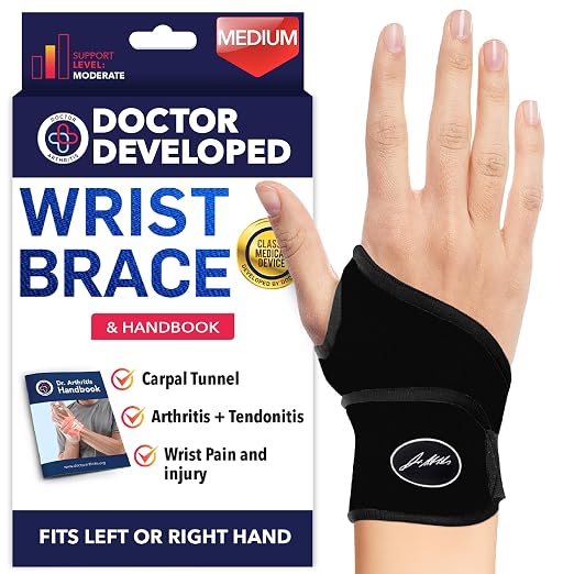 Doctor Developed Wrist Brace, Wrist Wraps for Carpal Tunnel Arthritis, Tendonitis, Hand Support, Ideal for Fitness, Weightlifting - Handbook Included (Wrist Brace 1 Pack)