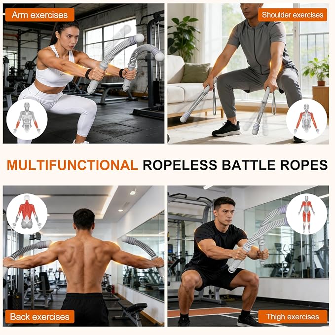 Adjustable Ropeless Battle Ropes, Portable Cordless Battle Ropes for Home Gym, Workout Equipment Exercise Rope for Low-Impact Workout, Strength & HIIT, for Men & Women (Grey)