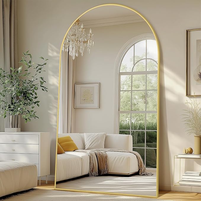 MirrMuse Oversized Arched Full Length Mirror with Stand, 82"X44", Gold | Tempered Glass, Free Standing, for Bedroom Living Room Clothing Store Gym, Aluminum Alloy Frame, Hanging or Leaning