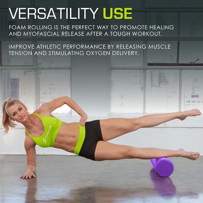 ProsourceFit High Density Foam Rollers 18 - inches long, Firm Full Body Athletic Massager for Back Stretching, Yoga, Pilates, Post Workout Trigger Point Release, Purple
