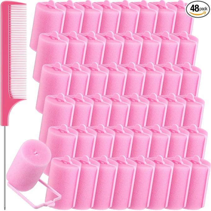 Syhood 48 Pcs Foam Hair Rollers for Overnight Styling Flexible Sponge Heatless Curlers and Rat Tail Comb for Short/long Hairs Women Hairdressing Styling(Pink,1.57 inch)