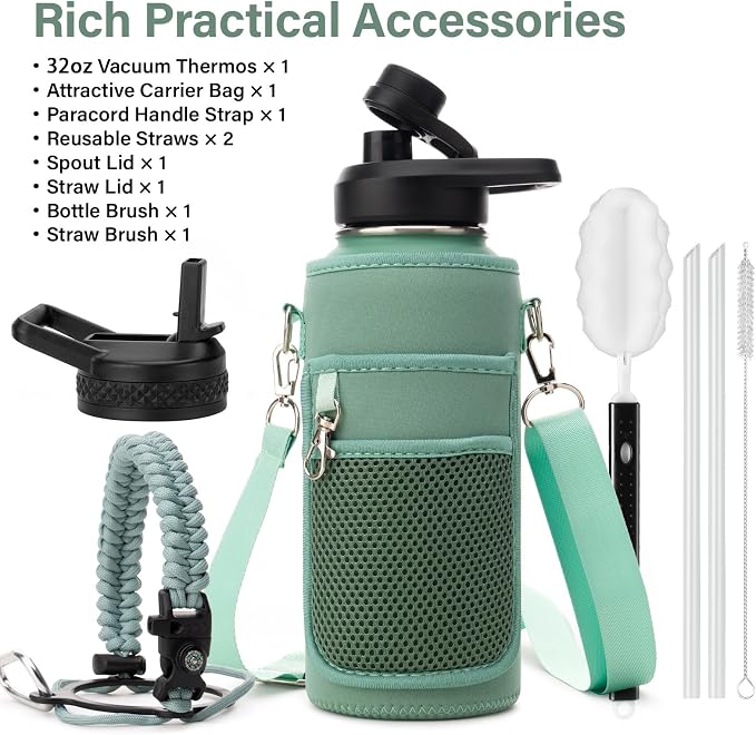 DYSANKY Insulated Water Bottle | Thickened Stainless Steel Vacuum Metal | Portable Sports Water Jug for Gym and Hiking with Straw, Carrier Bag, Handle Strap | BPA-Free 32 oz