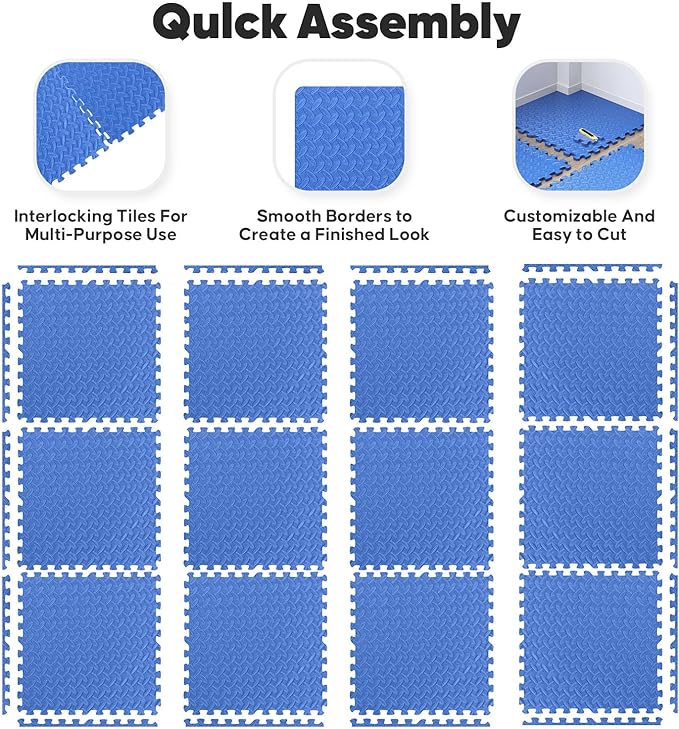 36 Pack 144 sqft Home Gym Mat, Puzzle Exercise Mat, EVA Interlocking Foam Floor Tiles for Home Workout Equipment and Kids' Play Areas -, 24 in x 24 in x ½ in, Blue 36 Tiles