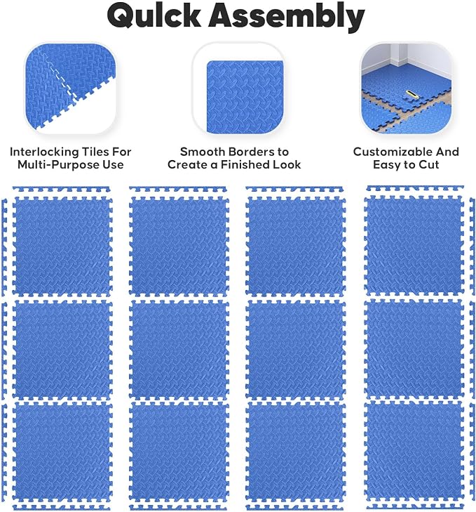 24 Pack 96 sqft Home Gym Mat, Puzzle Exercise Mat, EVA Interlocking Foam Floor Tiles for Home Workout Equipment and Kids' Play Areas - Blue, 24 in x 24 in x ½ in - 24 Tiles (Blue, 24 Pack 96 sq ft)
