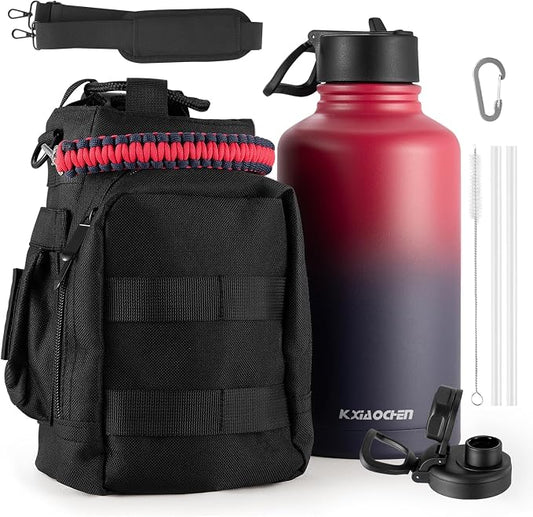 KXIAOCHEN Insulated Water Bottle with Strap, 48-Hour Cold, 2 Lids | Triple-wall insulation, lead-free 18/8 Stainless steel, paracord handle, carabiner clip, for gym, hiking, camping and travel