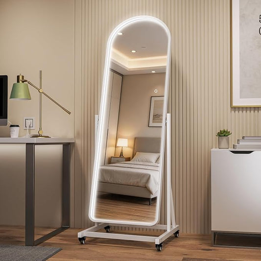 65"x18" Arched Full Length Rolling Mirror, LED & Swivel | Tempered glass, 3-color dimmable LED brightness, tilt & lockable wheels, ideal for bedroom, dressing room, home gym