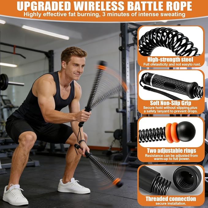 2PCS Weighted Cordless Battle Ropes - Heavy Duty Portable Wireless Workout Equipment for Home Gym, HIIT, Strength & Low-Impact Cardio Training for Men & Women, with Non-Slip Grips