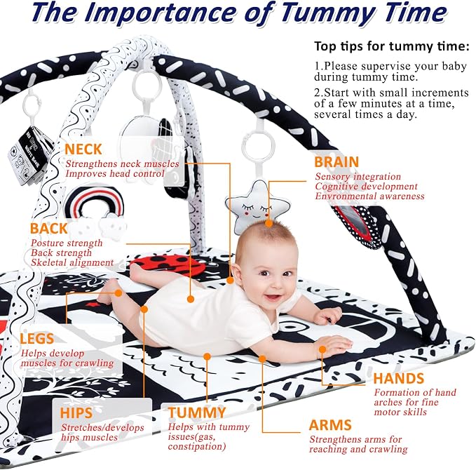 Poycuna Black and White Baby Gym Play Mat with 6 Toys Tummy Time Activity Mat for Babies 0-6 6-12 Months High Contrast Baby Gyms & Playmats Sensory Toys Newborn Brain Development Infant Play Mat