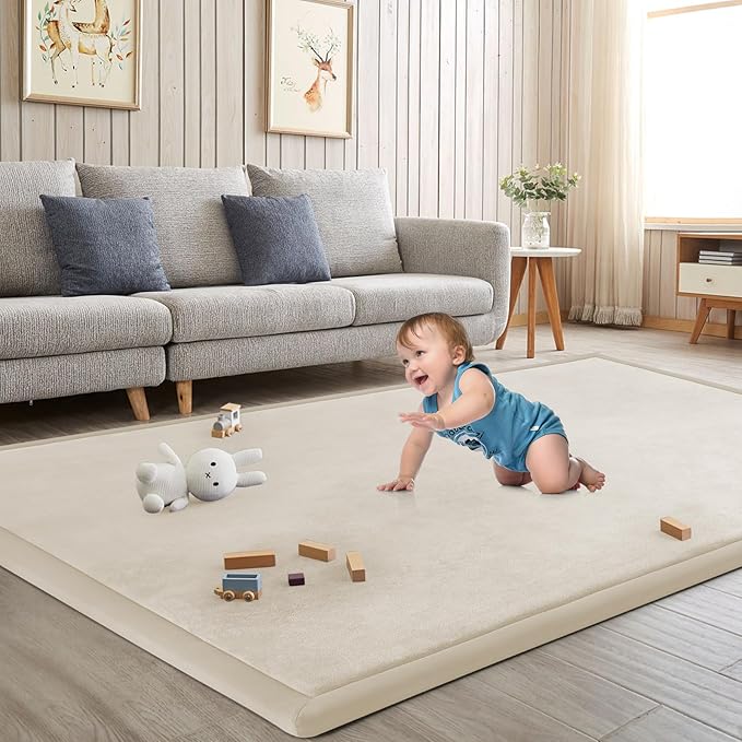 Baby Play Mat for Floor Nursery Rug Muscle Mat Area Rug Playroom Rug 59"x71" Playpen Mat Elastic Foam 1.3" Thick Crawling Mat for Babies,Toddlers, Infants, Kids,A Beige