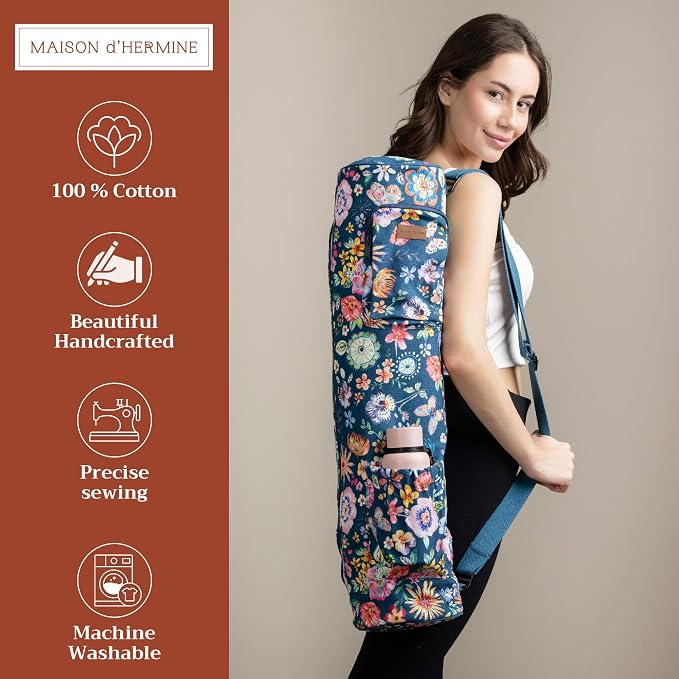 Maison d' Hermine Yoga Mat Duffle Bag Gym Tote Yoga Mat Carry Bag | Cylindrical bag for Woman Men Gifts Adjustable shoulder straps with Drawstring Water Bottle Pocket and zipper pocket