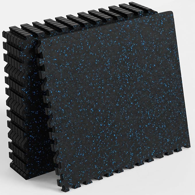 24 Sq Ft Rubber Top Gym Flooring for Home Gym, Black/Blue | 6 Tiles, High Density EVA Foam, Waterproof & Non-Slip Rubber, 0.4" Interlocking Puzzle Mats, Floor Protection, 24"x24"