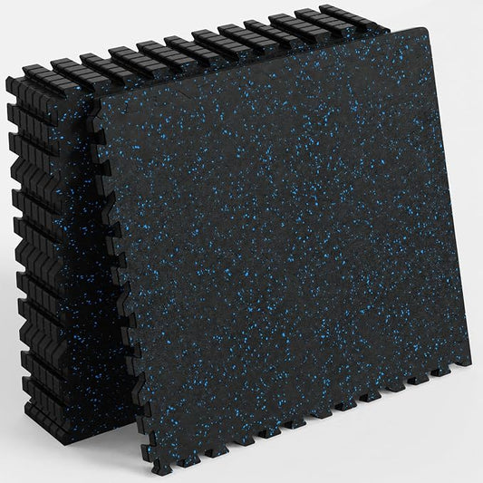 24 Sq Ft Rubber Top Gym Flooring for Home Gym, Black/Blue | 6 Tiles, High Density EVA Foam, Waterproof & Non-Slip Rubber, 0.4" Interlocking Puzzle Mats, Floor Protection, 24"x24"