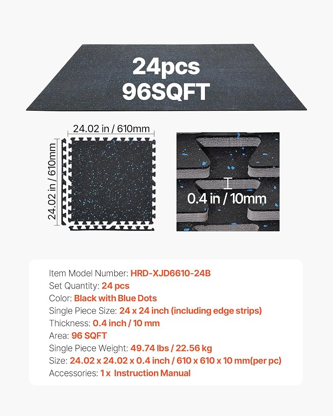 VEVOR 0.4Inch 96sq.ft 24 Tiles Gym Flooring for Home Gym, Rubber Top with High Density EVA Foam, 24 x 24In Gym Floor Exercise Equipment Mats, Interlocking Gym Mats, Puzzle Workout Mats, Black & Blue | Rubber Top with High Density EVA Foam, Lightweight ...