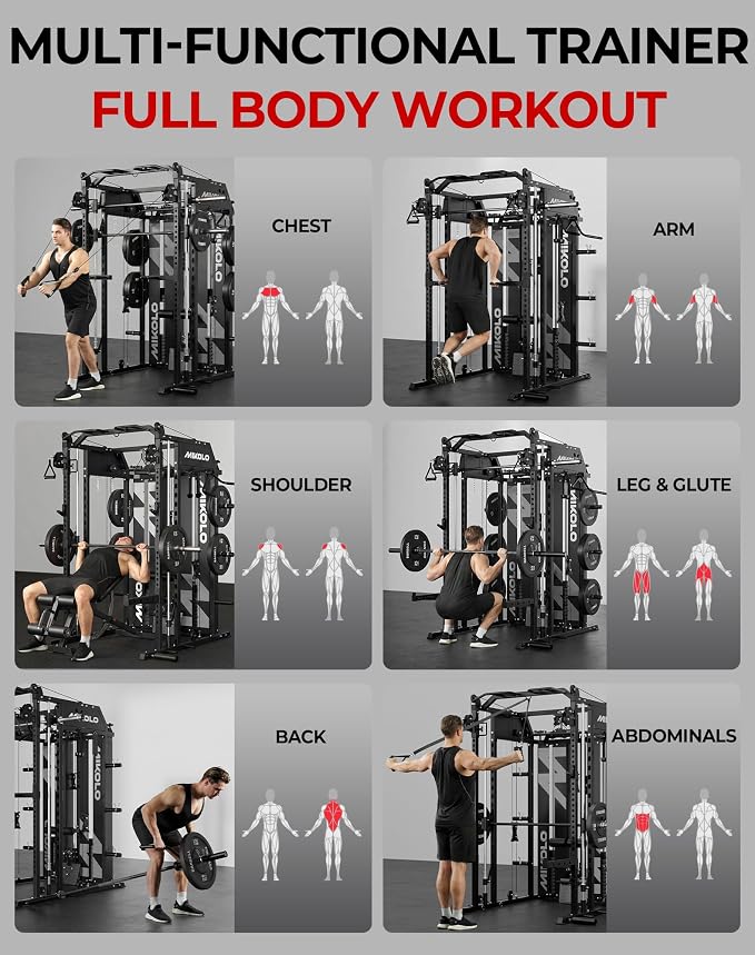 Mikolo Smith Machine with Weight Stack, Power Cage Home Gym System with LAT Pulldown & Cable Crossover, Multi-Functional Trainer with Dual Pulley System, Includes 10+ Free Attachments