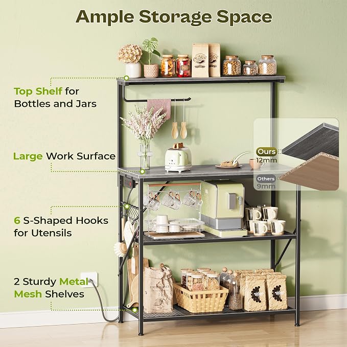 Huuger 4-Tier Bakers Rack with Reversible Power Outlet, 31.5 Inch Microwave Stand, Kitchen Coffee Bar, with Top Shelf, 6 S Hooks, Grey