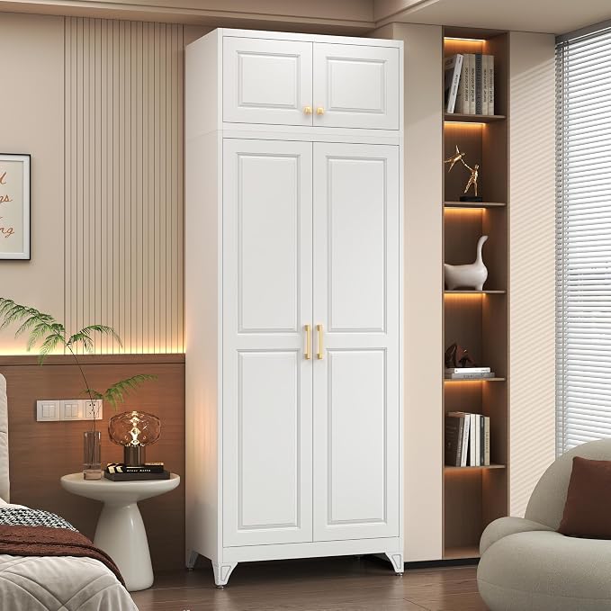 Polup 15" High White Metal Wall Cabinet, Overhead Closet Storage Unit | Modular Steel Top Extension for 71" Armoire Wardrobe, 2 Doors, 180lbs Capacity Single Space, Mounting Hardware for Bedroom